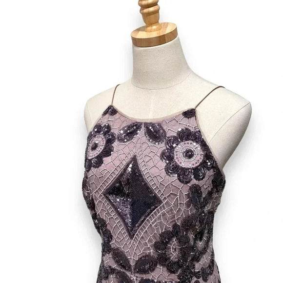 Aidan Mattox Spaghetti Strap Boat Neck Zipper Back Sequin Embellished Mesh Dress - Picture 5 of 10